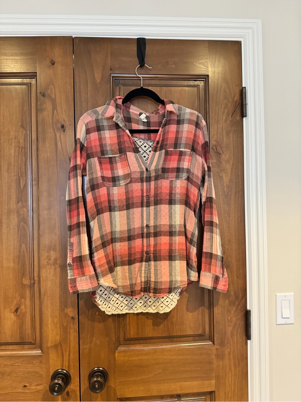 We The Free Coral Pink and Gray Plaid Button-Down Shirt